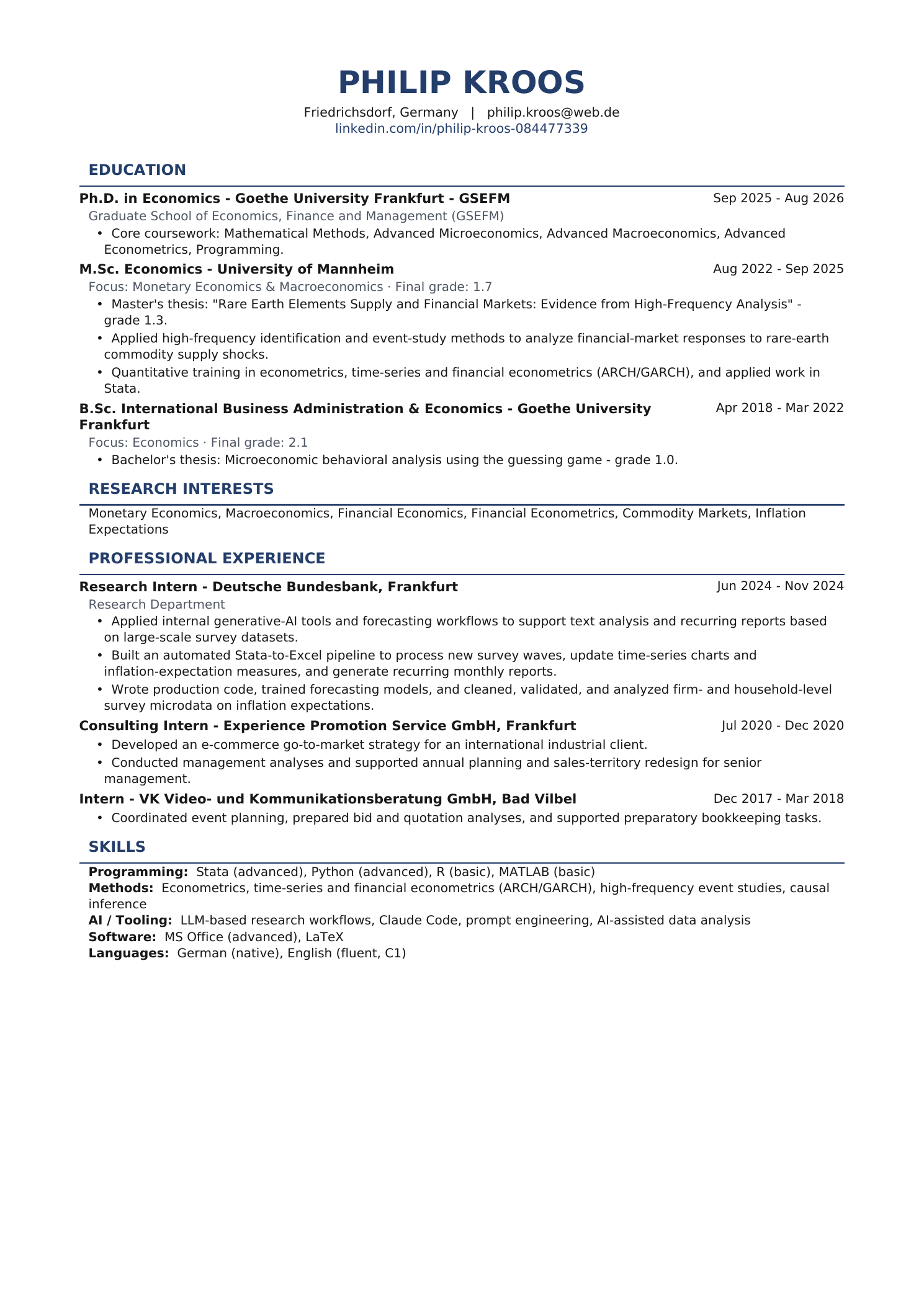 Curriculum vitae of Philip Kroos with education, research experience, and technical skills